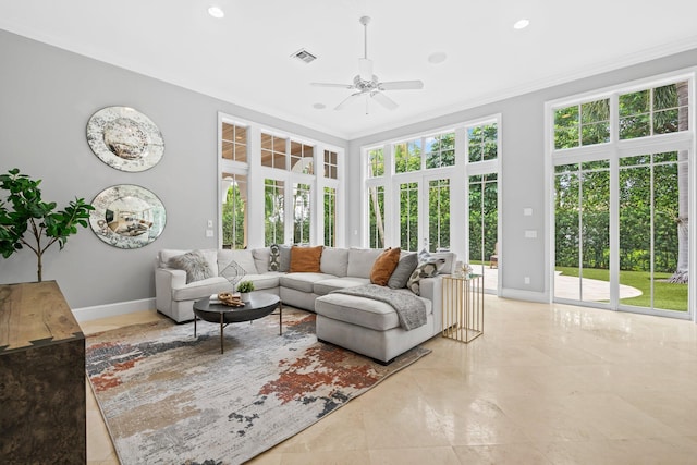 475 NE 4th St, Boca Raton, FL 33432 - living room with plenty of natural light, crown molding, ceiling fan, baseboards, and recessed lighting