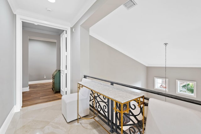 475 NE 4th St, Boca Raton, FL 33432 - corridor featuring baseboards, ornamental molding, and visible vents