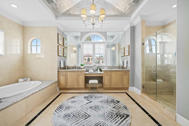 475 NE 4th St, Boca Raton, FL 33432 - bathroom with inlaid floor details, healthy amount of natural light, vanity, recessed lighting, and ornamental molding