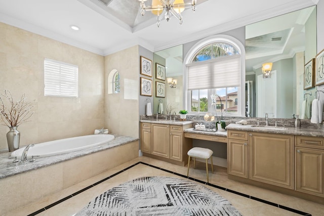 475 NE 4th St, Boca Raton, FL 33432 - bathroom with a chandelier, plenty of natural light, inlaid floor details, two vanities, and ornamental molding