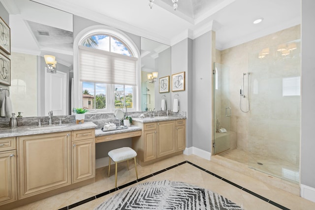 475 NE 4th St, Boca Raton, FL 33432 - full bath with a shower stall, vanity, crown molding, and baseboards