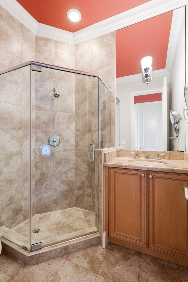 475 NE 4th St, Boca Raton, FL 33432 - full bath featuring crown molding, a shower stall, and vanity