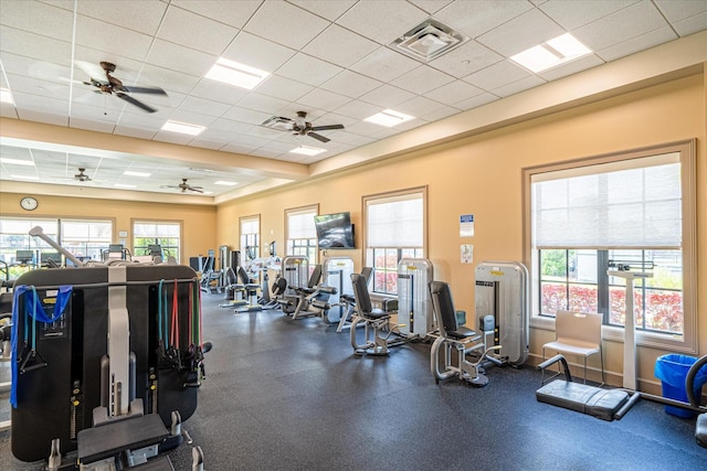 9597 SW Royal Poinciana Dr, Port Saint Lucie, FL 34987 - gym featuring a wealth of natural light, a drop ceiling, and ceiling fan