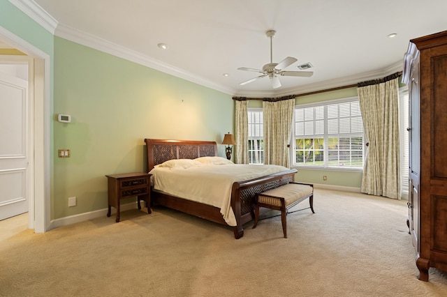 bedroom with ornamental molding, light carpet, and ceiling fan