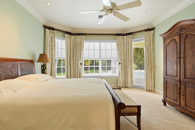 carpeted bedroom with crown molding, access to outside, and ceiling fan