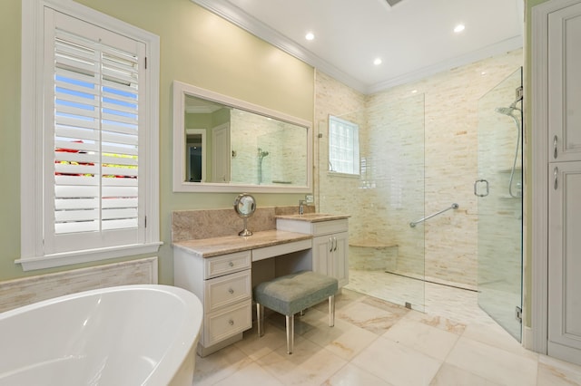 bathroom featuring crown molding, separate shower and tub, a healthy amount of sunlight, and vanity