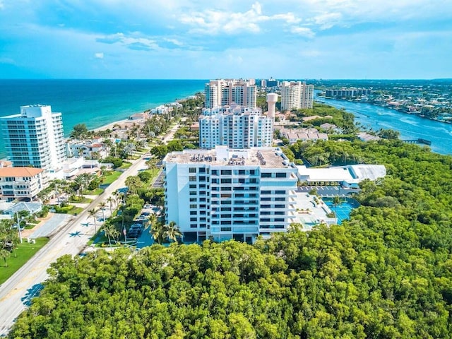 aerial view featuring a water view