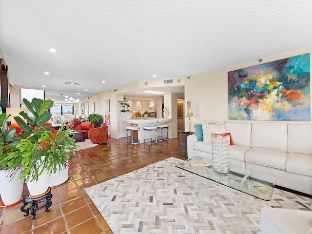 living room featuring tile patterned flooring