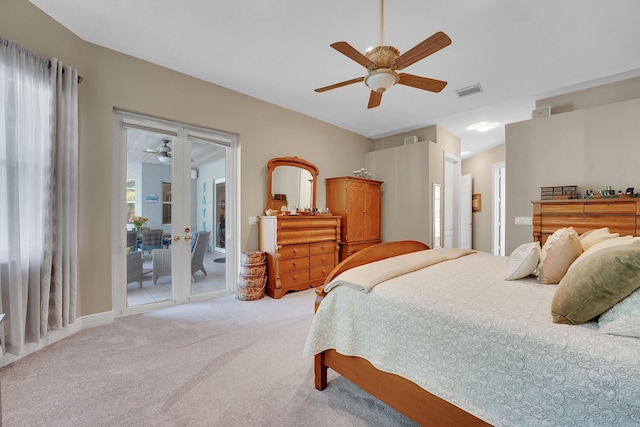 carpeted bedroom with access to outside and ceiling fan