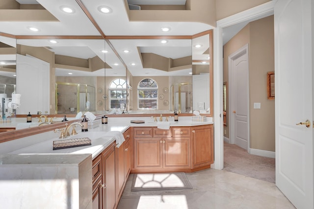 bathroom with vanity, a tray ceiling, and a shower with shower door