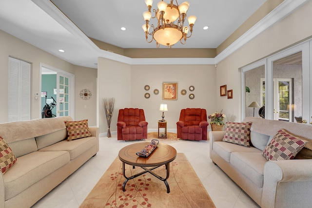 living room featuring light tile patterned flooring and a chandelier