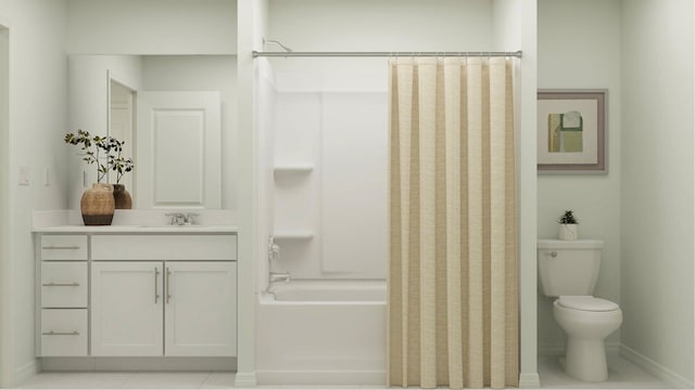 full bathroom featuring shower / tub combo with curtain, vanity, toilet, and tile patterned floors