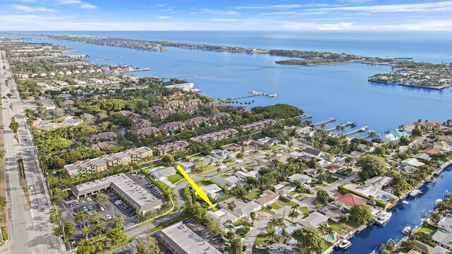 drone / aerial view featuring a water view