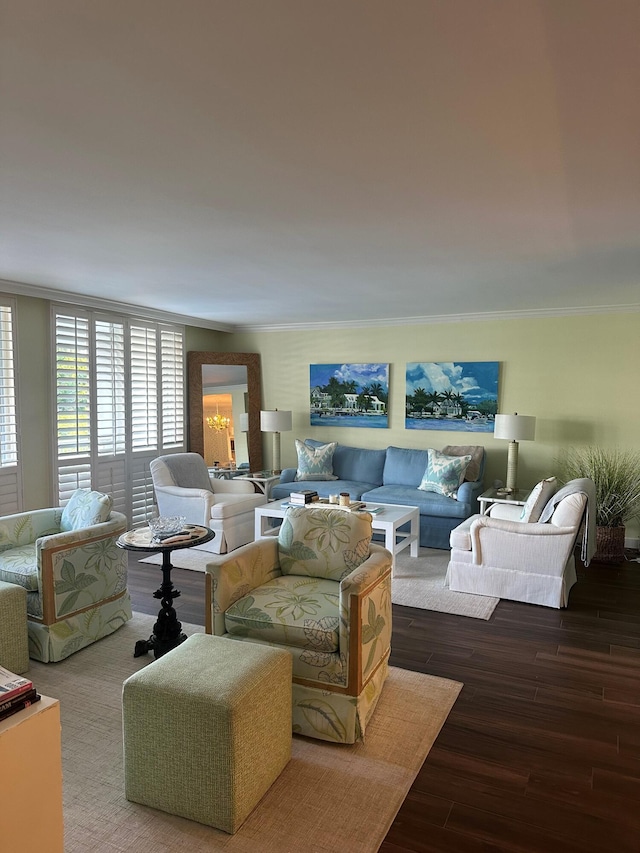 living room with crown molding and wood-type flooring