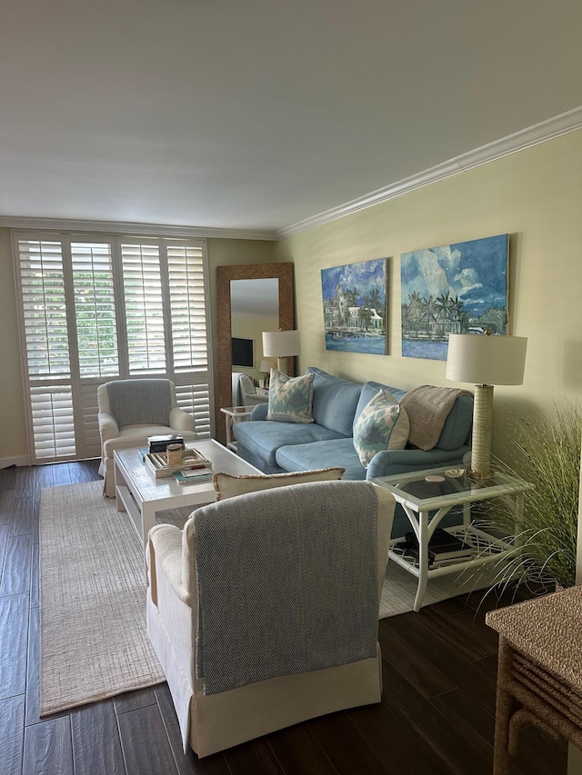 living room with crown molding and dark hardwood / wood-style flooring