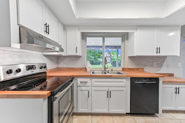 kitchen with sink, wooden counters, electric range, black dishwasher, and white cabinets