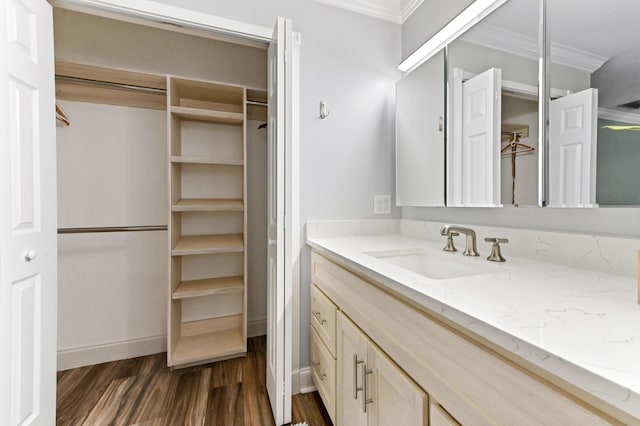 bathroom with wood finished floors, a spacious closet, crown molding, and vanity