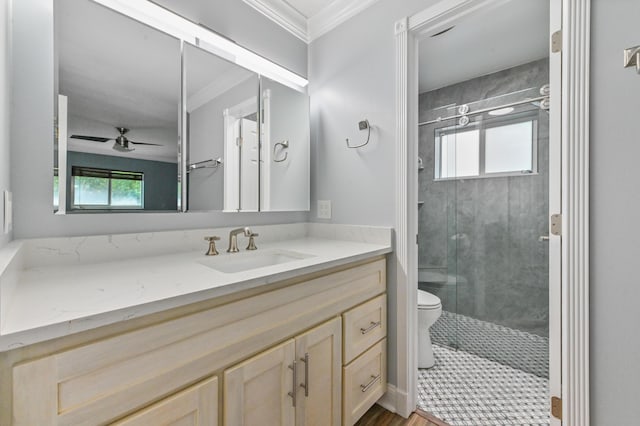 bathroom featuring vanity, ceiling fan, toilet, a shower with door, and crown molding