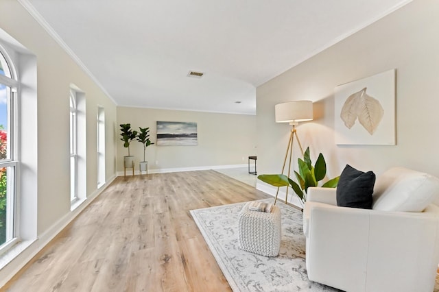 living area featuring a healthy amount of sunlight, crown molding, and light wood-style flooring
