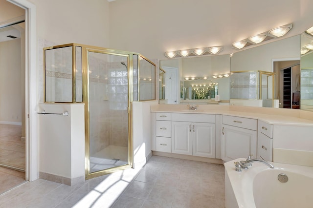 full bathroom with tile patterned floors, visible vents, a stall shower, vanity, and a bath