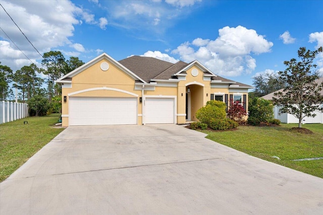 view of front of property with a garage and a front lawn