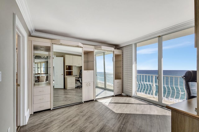 interior space featuring light wood-type flooring, ornamental molding, a beach view, and a water view