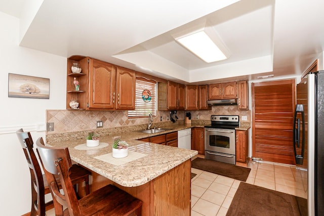 kitchen featuring electric range, a tray ceiling, a sink, dishwasher, and a peninsula