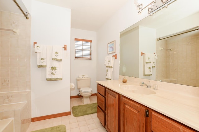full bathroom featuring a shower, tile patterned floors, toilet, vanity, and baseboards