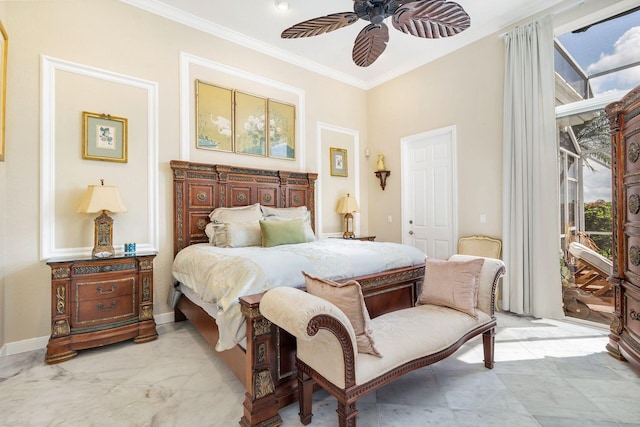 bedroom featuring access to exterior, marble finish floor, crown molding, a ceiling fan, and baseboards