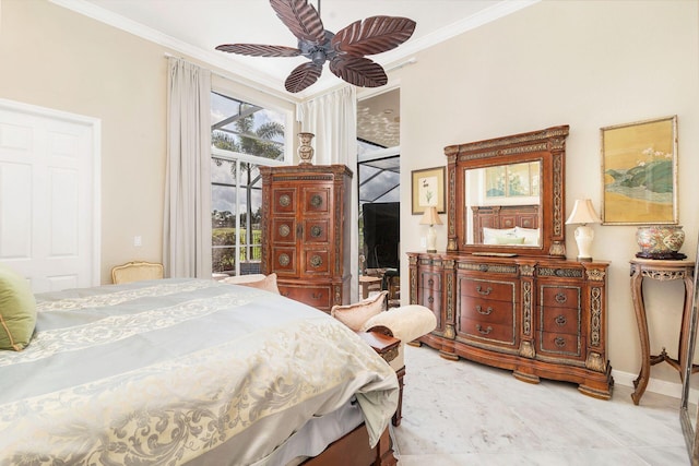 bedroom with crown molding, access to exterior, and ceiling fan