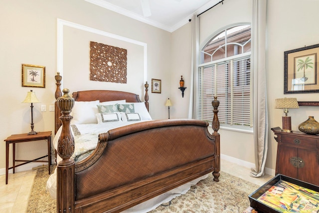 bedroom featuring baseboards, multiple windows, tile patterned flooring, and crown molding