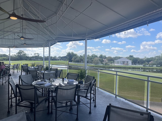 view of patio / terrace with outdoor dining space and a water view