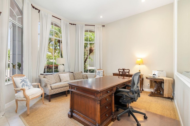 office area with baseboards and recessed lighting