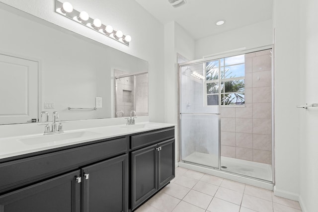 full bath with a stall shower, tile patterned flooring, a sink, and double vanity