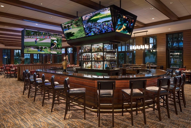 bar with beamed ceiling and carpet flooring