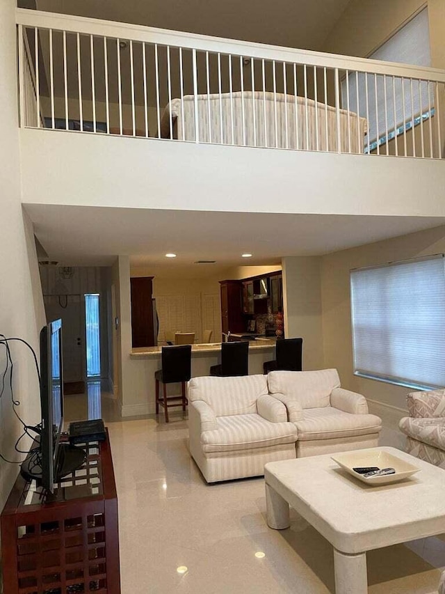 living room with a high ceiling