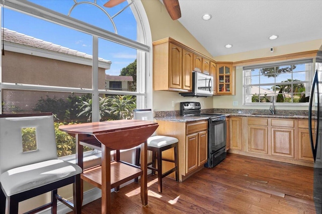 kitchen featuring vaulted ceiling, black electric range oven, dark stone countertops, and dark hardwood / wood-style floors