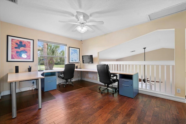 office space featuring lofted ceiling, dark wood-type flooring, and ceiling fan