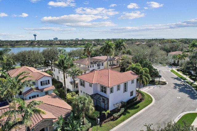 aerial view featuring a water view