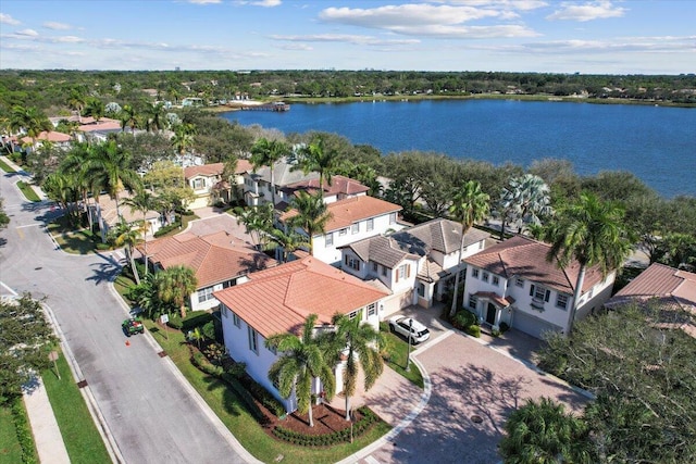 drone / aerial view with a water view