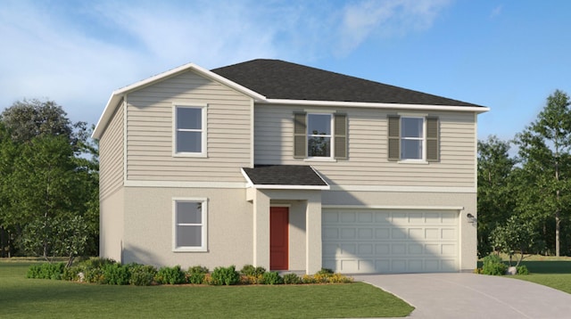 view of front of property featuring a garage and a front lawn