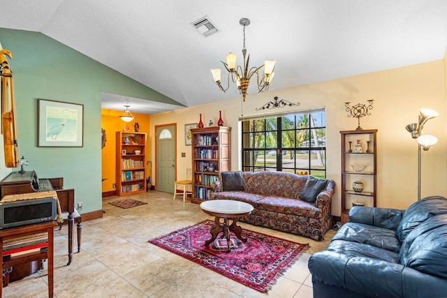 living room with light tile patterned flooring, lofted ceiling, and a chandelier