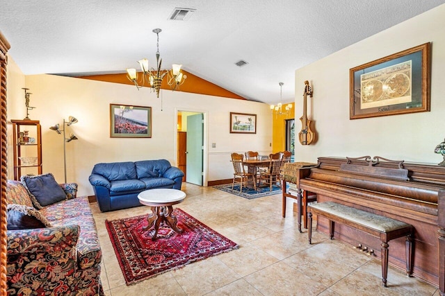 living room featuring lofted ceiling, a textured ceiling, and a chandelier