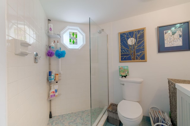 bathroom with vanity, a tile shower, and toilet