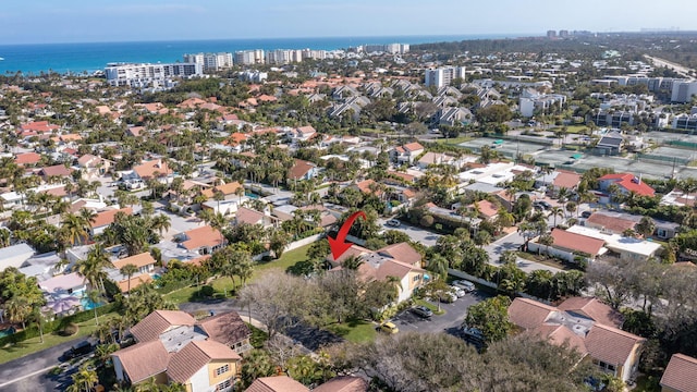 drone / aerial view featuring a water view