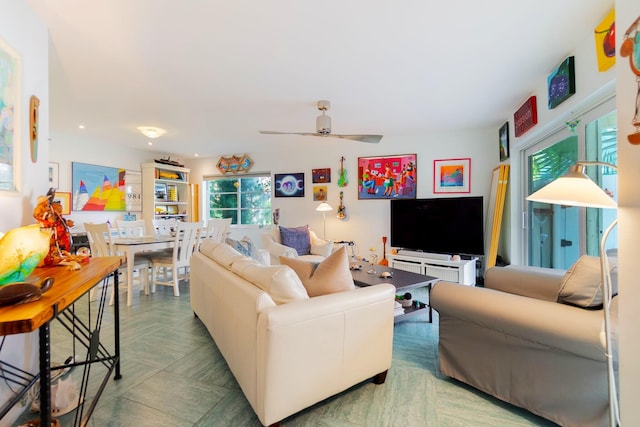 living room featuring ceiling fan