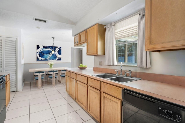 kitchen featuring pendant lighting, sink, dishwasher, a textured ceiling, and vaulted ceiling