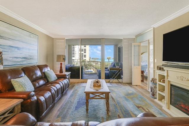 living room featuring hardwood / wood-style floors, ornamental molding, and expansive windows