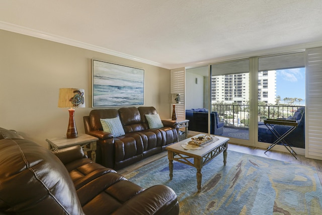 living room with crown molding and floor to ceiling windows