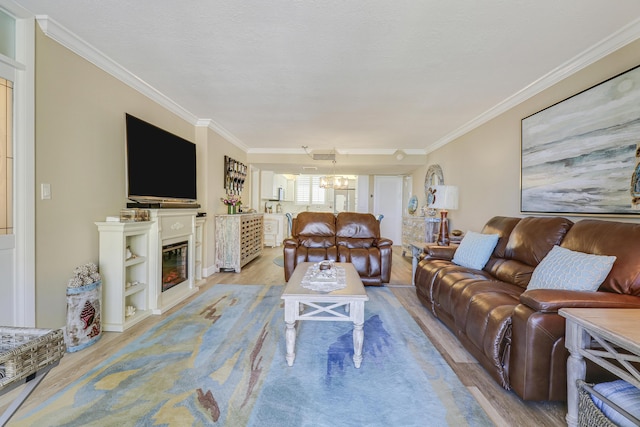 living room with crown molding, light hardwood / wood-style floors, a chandelier, and a textured ceiling